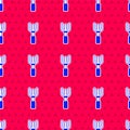 Blue Garden rake icon isolated seamless pattern on red background. Tool for horticulture, agriculture, farming. Ground Royalty Free Stock Photo