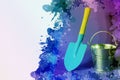 Blue garden shovel and bucket on colored background. Garden tool