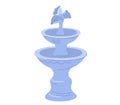 Blue garden water fountain with decorative birds. Peaceful backyard decor and relaxation concept. Garden ornament and