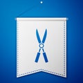 Blue Gardening handmade scissors for trimming icon isolated on blue background. Pruning shears with wooden handles Royalty Free Stock Photo