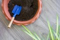 Blue gardening shovel in pot planters with soil and fertilizer on wooden floor. Top View