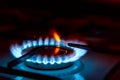 Blue gas burning from a kitchen gas stove. Selective focus Royalty Free Stock Photo