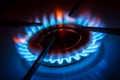 Blue gas burning from a kitchen gas stove. Selective focus Royalty Free Stock Photo