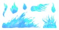Blue gas fire set. Different flame elements. Hand drawn watercolor sketch illustration Royalty Free Stock Photo
