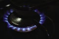 A blue gas flame hob lit up on a domestic kitchen cooker Royalty Free Stock Photo