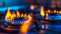 blue gas stove flames burning brightly, with a soft focus on metallic burners, capturing the energy and warmth of