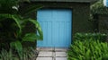 Blue gate door to a garden or garage frame by green tropical plants and leaves Royalty Free Stock Photo