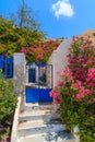 Blue gate to Greek old house decorated with bougainvillea flowers, Firostefani village, Santorini island, Greece Royalty Free Stock Photo