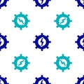 Blue Gear and lightning icon isolated seamless pattern on white background. Electric power. Lightning bolt sign. Vector Royalty Free Stock Photo