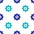 Blue Gear and lightning icon isolated seamless pattern on white background. Electric power. Lightning bolt sign. Vector Royalty Free Stock Photo