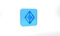 Blue Gem stone icon isolated on grey background. Jewelry symbol. Diamond. Glass square button. 3d illustration 3D render