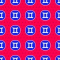 Blue Gemini zodiac sign icon isolated seamless pattern on red background. Astrological horoscope collection. Vector Royalty Free Stock Photo