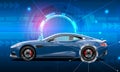 Blue generic sport car on a thecnology background