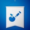 Blue Genetically modified apple icon isolated on blue background. GMO fruit. Syringe being injected to apple. White pennant