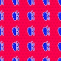 Blue Genetically modified apple icon isolated seamless pattern on red background. GMO fruit. Vector