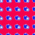 Blue Genetically modified apple icon isolated seamless pattern on red background. GMO fruit. Vector