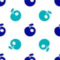 Blue Genetically modified apple icon isolated seamless pattern on white background. GMO fruit. Vector
