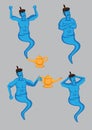 Blue Genie and Golden Magic Lamp Vector Character Set