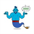 Blue genie from the lamp, cartoon character. The desire to be rich. The genie will easily fulfill any three wishes. Banknote - a
