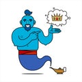 Blue genie from the lamp, cartoon character. The desire to have power. The genie will fulfill any three wishes. The crown is a