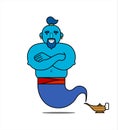 Blue genie from the lamp, cartoon character, standing with his arms crossed. The genie will fulfill any three wishes. Illustration