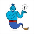 Blue genie from the lamp, cartoon character. What desire do you make? The genie will fulfill any three wishes. Question mark.
