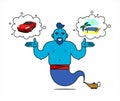 Blue genie from the lamp, cartoon character. The genie will easily fulfill any three wishes. I want a vacation on the sea, I want