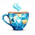 Blue Geometric Mosaic Cup with Steaming Hot Coffee or Tea on White Royalty Free Stock Photo