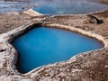 Blue geothermal pond at The Great Geysir, an active volcanic geyser in Southwestern Iceland