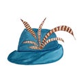 Blue german felt hat with feather. Oktoberfest costume. watercolor illustration