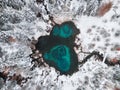 Blue geyser lake in autumn forest after snowfall. Altai mountains, Siberia, Russia Royalty Free Stock Photo