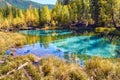Blue geyser lake surrounded by autumn forests in the Altai Mountain, Siberia, Russia