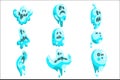 Blue Ghosts In Childish Cartoon Manner Set On White Background.