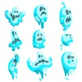 Blue Ghosts In Childish Cartoon Manner Set On White Background.