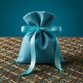 Blue Gift Bag with Ribbon on Patterned Surface Royalty Free Stock Photo
