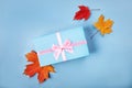 Blue gift box with atlas pink ribbon on blue background with bright autumn leaves