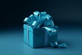 Blue gift box with blue ribbon. Solid blue 3d background