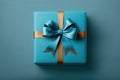 blue gift box with blue bow on blue background. Ai generative