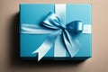 blue gift box with blue bow on brown background. Ai generative