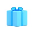 Blue gift box with bow and ribbon square wrapped surprise container 3d object realistic vector illustration Royalty Free Stock Photo