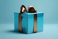 blue gift box with brown bow on blue background. Ai generative