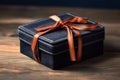 blue gift box with brown ribbon and bow on table. generative ai Royalty Free Stock Photo