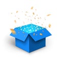 Blue gift box confetti explosion. Magic open surprise gift box package decoration Royalty Free Stock Photo