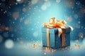 AI generated. Blue gift box with golden ribbon on a festive sparkle blurred bokeh Christmas background