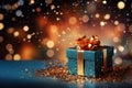 AI generated. Blue gift box with golden ribbon on a festive sparkle blurred bokeh Christmas background