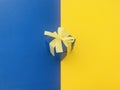 Blue gift box on half yellow and blue background.