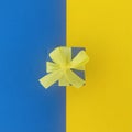 Blue gift box on half yellow and blue background. Square.