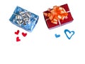 Blue and red gift box hearts on white background top view isolate Royalty Free Stock Photo