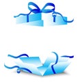 blue gift box open. Birthday surprise. Happy shiny day. Vector illustration.