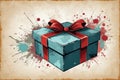 Blue gift box with red bow on grunge background, isolated